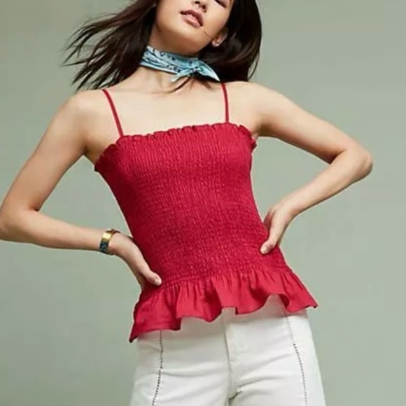 Maeve by Anthropologie Raspberry Pink Smocked Peplum Tank Top Blouse SIZE LARGE - Picture 1 of 8